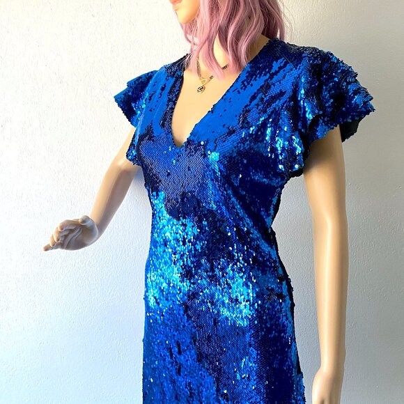 Blue Sequin Mini Dress Flutter Sleeves Disco Party Size Medium Statement Dress - Picture 8 of 9